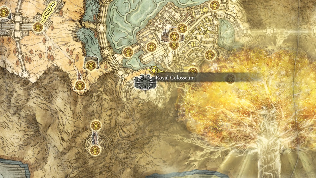 A guide & maps for how and where to find each PvP colosseum in Elden Ring: Limgrave, Royal, and Caelid (plus the benefit of Roundtable Hold).