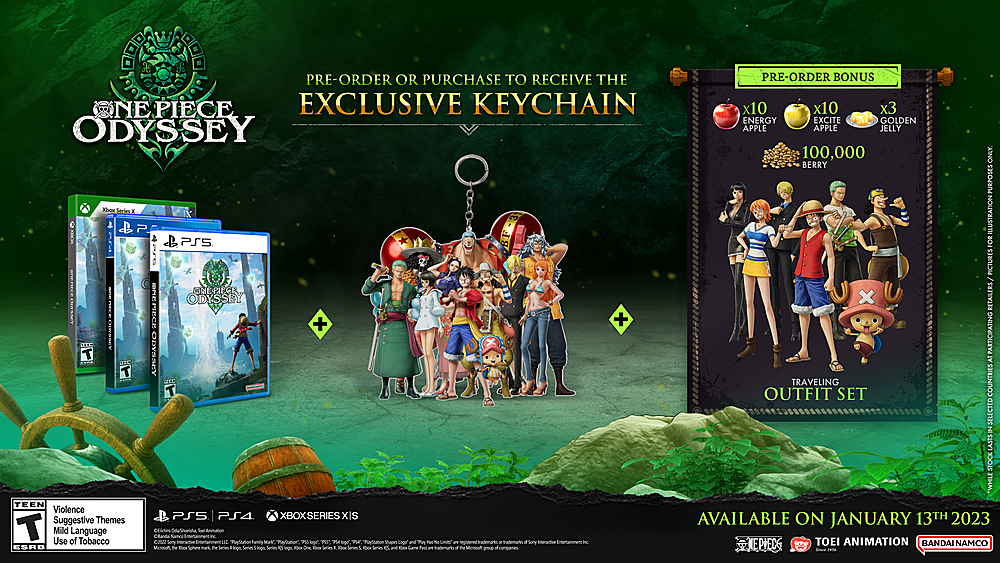 Here is a list of what all of the different physical and digital preorder bonuses are for One Piece Odyssey on PS4, PS5, Xbox Series, and PC - retailers Best Buy GameStop Amazon Bandai Namco Store SteelBook keychain