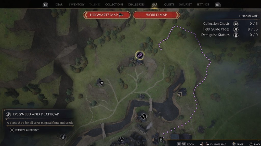 Location of Dogweed and Deathcap in Hogsmeade, Hogwarts Legacy