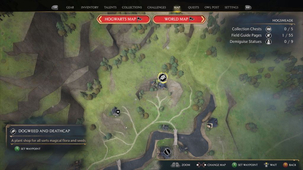 A map showing the location of Dogweed and Deathcap in Hogwarts Legacy as part of an article on where the shop is in the game. The map shows 