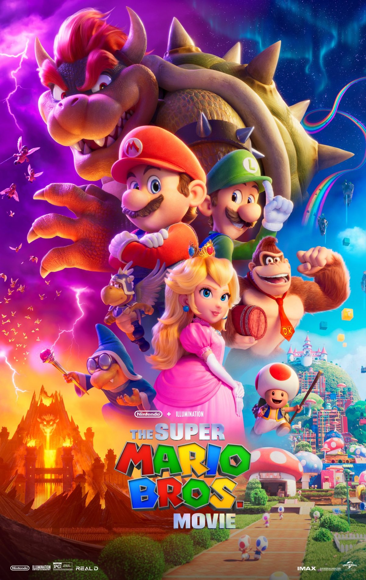 The Super Mario Bros. Movie official poster ensemble cast Mario Luigi Donkey Kong Peach Toad Bowser