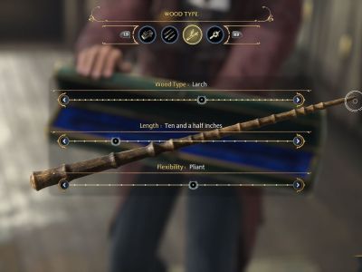 Hogwarts Legacy wand customization screen, type, length, flexibility