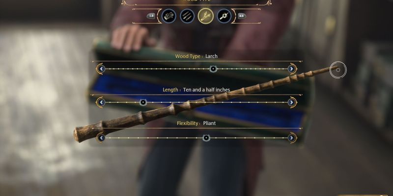 Hogwarts Legacy wand customization screen, type, length, flexibility