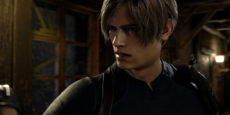 Resident Evil 4 Remake Pre-order bonuses. Leon Kennedy stares off to the side.