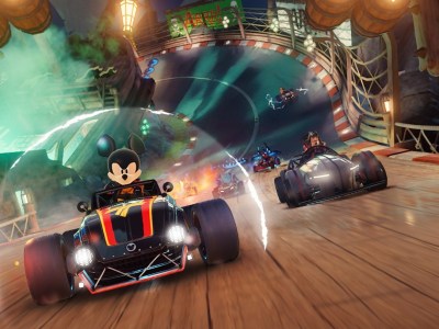 How Does Disney Speedstorm Compare to Mario Kart? Mickey Mouse leads Captain Jack Sparrow in a kart race.