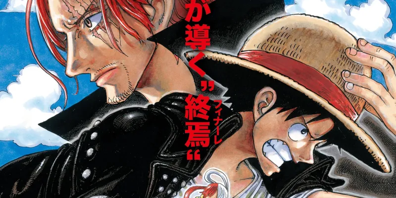 An image showing Luffy and Shanks facing away from each other against a cloudy backdrop. The image is part of a guide on how to watch all the One Piece movies in order.