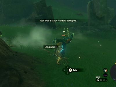 A screenshot of The Legend of Zelda: Tears of the Kingdom to demonstrate whether you can repair items by showing a badly damaged tree branch.