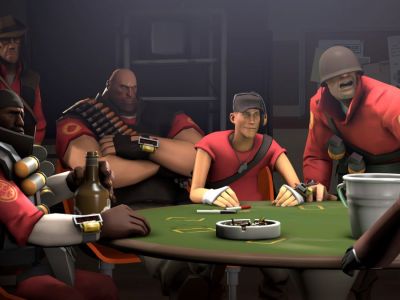 All Voice Actors in TF2 (Team Fortress 2) - A shot from the Expiration Date short showing a group of characters around a table.