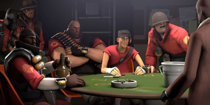 All Voice Actors in TF2 (Team Fortress 2) - A shot from the Expiration Date short showing a group of characters around a table.