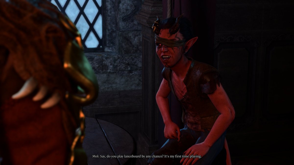 An image of Mol at the Last Light Inn in Baldur's Gate 3 (BG3) talking to Devil Raphael as part of an article on where to find the former.