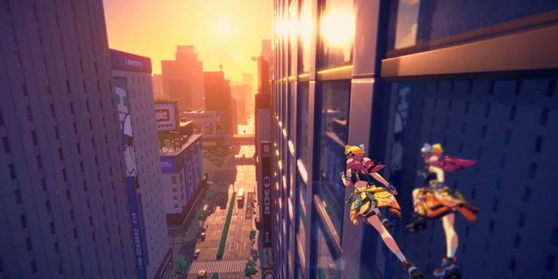 A still from the Project Mugen trailer. A woman wall runs along the side of a skyscraper while the sun sets in the distance.