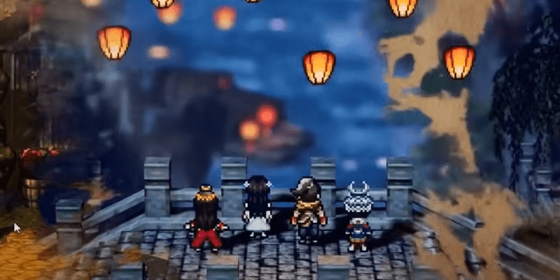 The team from Wandering Sword looks at hanging lanterns.