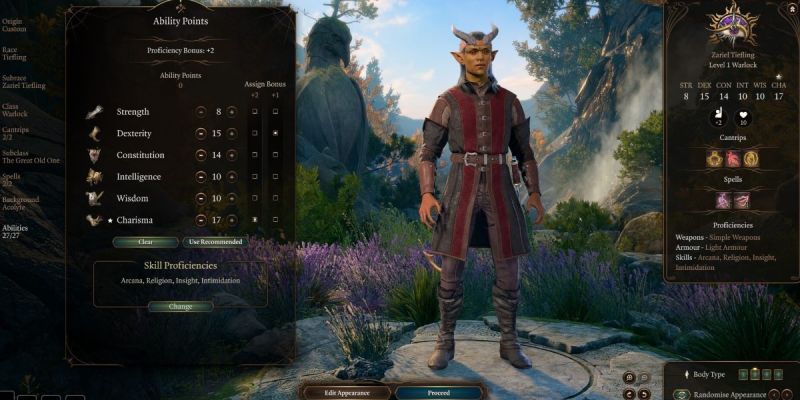 Best Races and Ability Scores for Warlock in Baldurs Gate 3 - A Zariel Tiefling being built as a Warlock in the character creation screen of Baldur's Gate III.