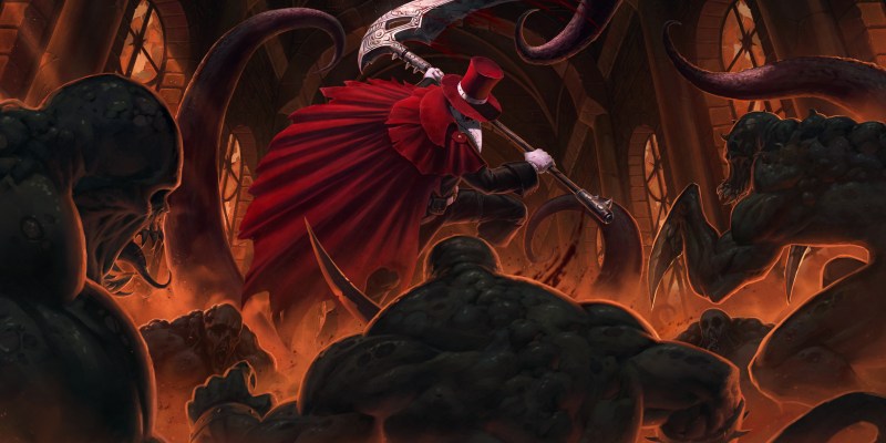 A scythe-wielding man prepares to confront monsters in Crowsworn.