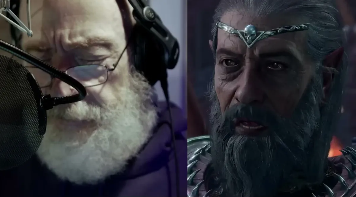 Here are all the actors cast as characters in Baldur's Gate 3 BG3. This image shows J.K. Simmons doing a voice performance on one side and his character, General Ketheric Thorm, on the other.