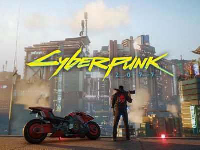 V standing by a futuristic motorcycle in Cyberpunk 2077. This image is part of an article about all the hidden trophies and achievements in Cyberpunk 2077.