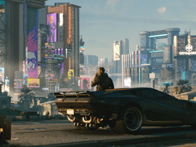 V smoking a cigarette by an all-black car in Cyberpunk 2077.