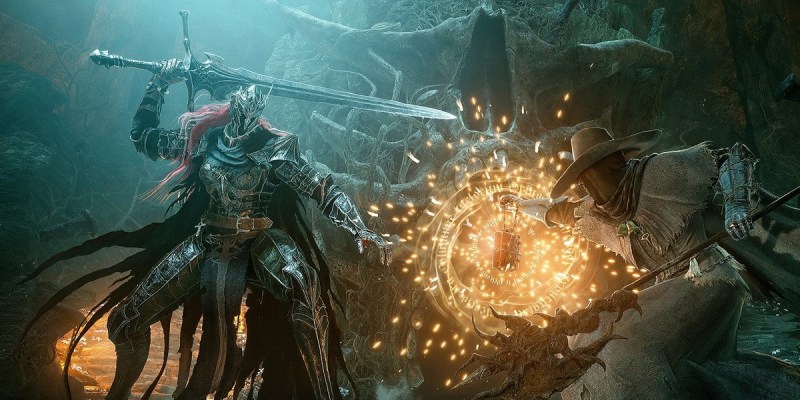 Key art of priest-like class shooting a spell at an enemy in Lords of the Fallen.