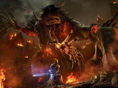 The visual style of Lords of the Fallen has been inspired by Berserk and other dark fantasy manga. An enormous beast with three arms looms over the hero of the game.
