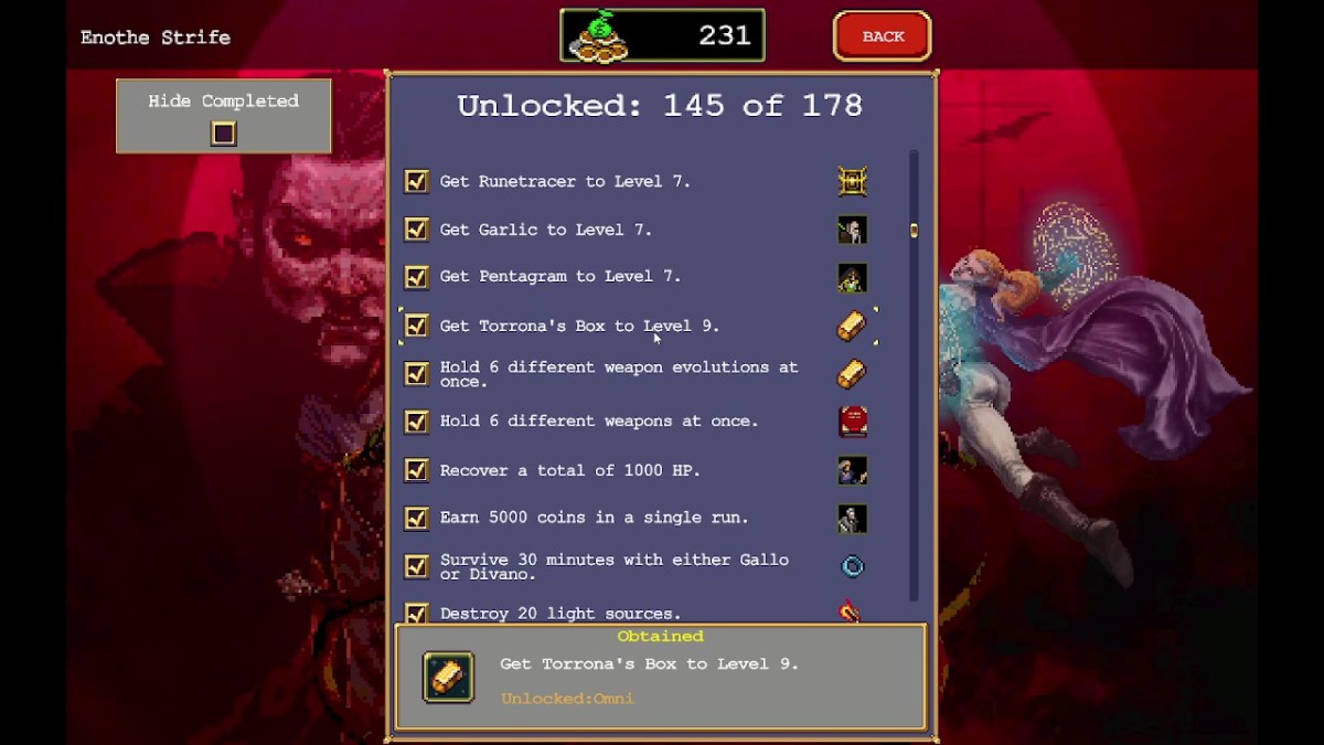 Best Vampire Survivor PowerUp order. This image shows a screenshot from Vampire Survivors of the unlock screen. 