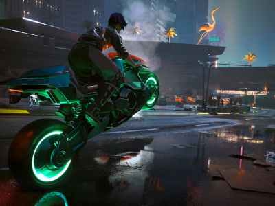 Cyberpunk 2077 - a player on a glowing bike. Here are the patch notes for update 2.0.