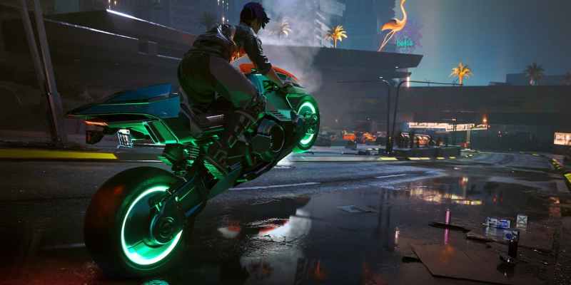 Cyberpunk 2077 - a player on a glowing bike. Here are the patch notes for update 2.0.