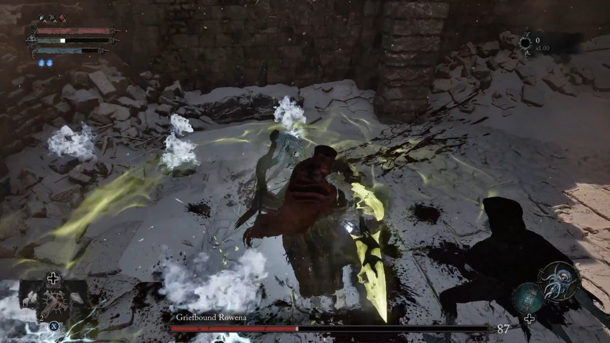 Image from Lords of the Fallen (LotF) showing a battle with Griefbound Rowena as part of a guide on how to beat her in the game.