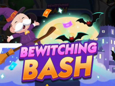 A header sized image for Monopoly GO showing Rich Uncle Pennybags dressed up like a witch and riding a broomstick over the logo for the "Bewitching Bash" event.