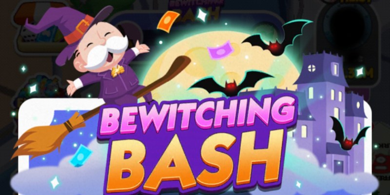 A header sized image for Monopoly GO showing Rich Uncle Pennybags dressed up like a witch and riding a broomstick over the logo for the "Bewitching Bash" event.