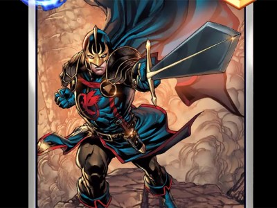 An image of Black Knight in Marvel Snap as part of an article detailing the best decks for the card, how to counter him, and if he's worth Collector's Tokens or a spotlight cache.