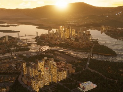 Image of a virtual city at sunset in Cities: Skylines 2 with mod support.