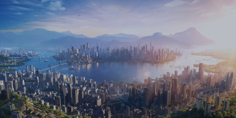 Image of a virtual city in promo art for Cities: Skylines 2.