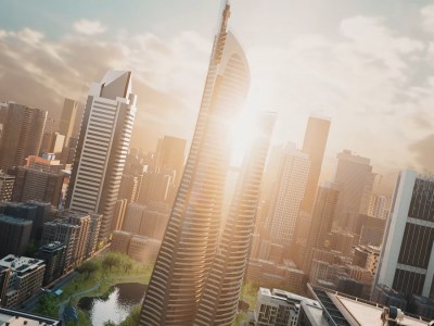 Image of skyscraper at sunset in Cities: Skylines 2.