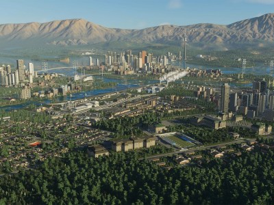 Wide screenshot of virtual city in Cities: Skylines 2.