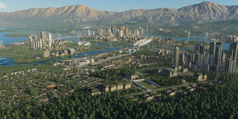 Wide screenshot of virtual city in Cities: Skylines 2.