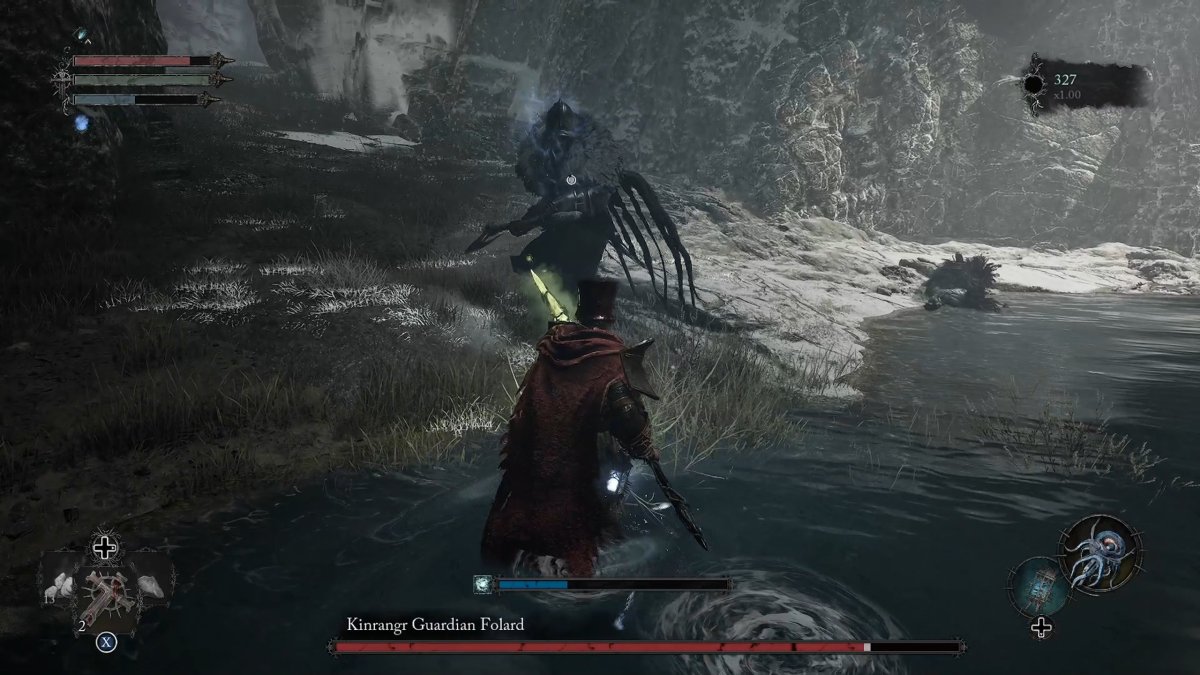 An image from Lords of the Fallen as part of a guide on how to beat the Kinrangr Guardian Folard boss.