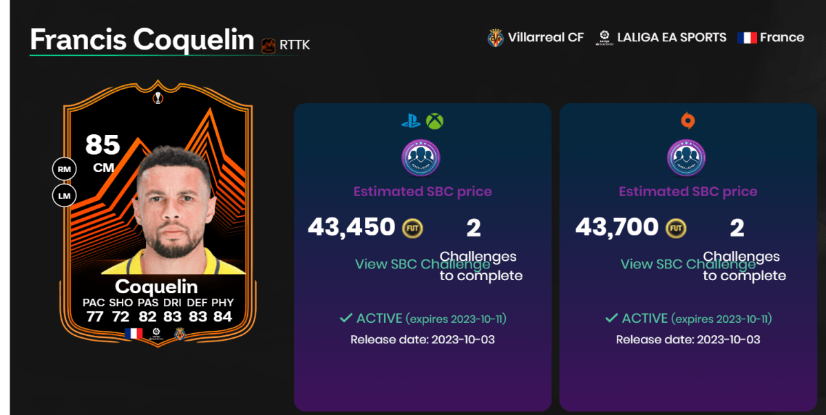 Card from EA FC 24 showing stats for Francis Coquelin as part of an article on how to complete his RTTK SBC.