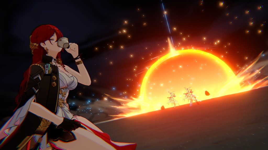 An image of Himeko in Honkai: Star Rail showing an explosion in the distance, with her in the foreground drinking tea. The image was used as part of both a best build guide for Himeko in Honkai: Star Rail and a ranking of all the chracters in the game via tier list.