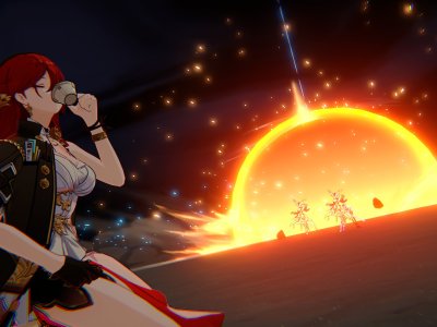 An image of Himeko in Honkai: Star Rail showing an explosion in the distance, with her in the foreground drinking tea. The image was used as part of both a best build guide for Himeko in Honkai: Star Rail and a ranking of all the chracters in the game via tier list.