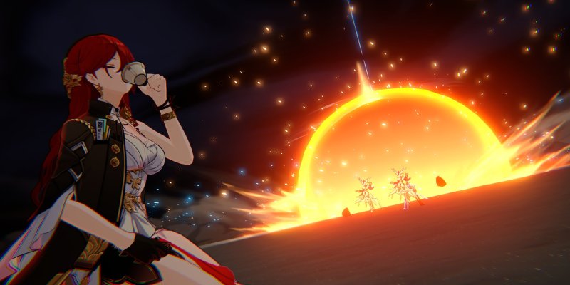 An image of Himeko in Honkai: Star Rail showing an explosion in the distance, with her in the foreground drinking tea. The image was used as part of both a best build guide for Himeko in Honkai: Star Rail and a ranking of all the chracters in the game via tier list.