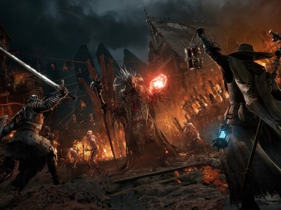 Two players fighting a fire-casting boss in Lords of the Fallen.