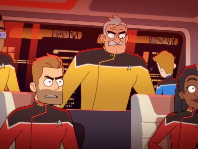 An image from Star Trek: Lower Decks Season 4, Episode 7, "A Few Badgeys More" showing the main crew as part of a review and recap of the episode.