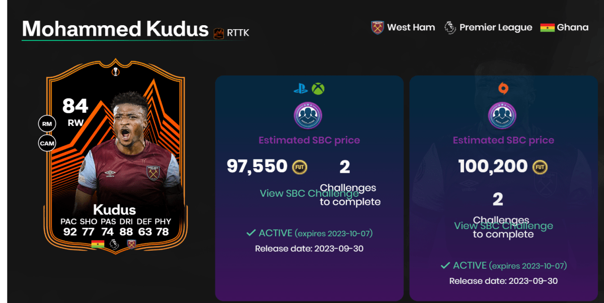 The RTTK card for Mohammed Kudus in EA FC 24, showing his price and stats.