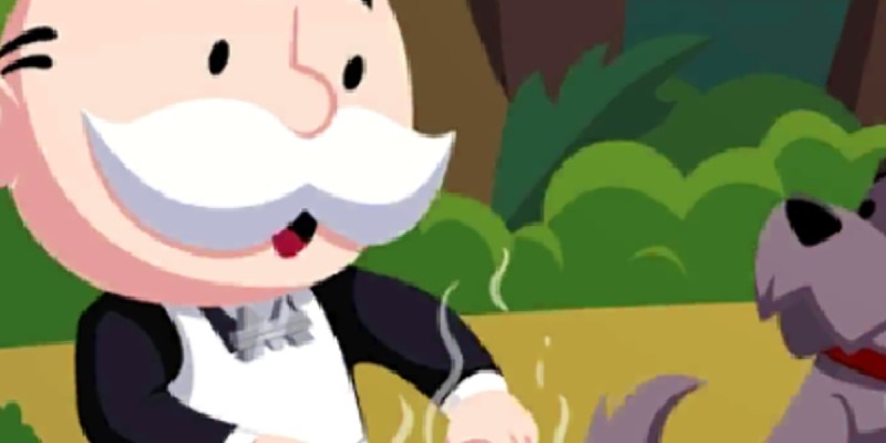 Header for Monopoly GO showing the Monopoly Man and his dog talking about all the rewards and how to get them for the Camp Cook-Off event.