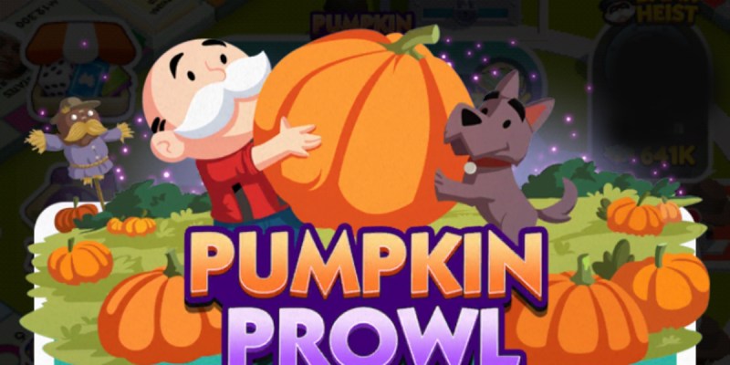 Header for Monopoly GO as part of the Pumpkin Prowl event and all the rewards involved in it, as well as how to win.