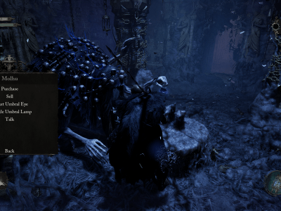 Image of player standing near Molhu who sells Umbral Scouring in Lords of the Fallen.