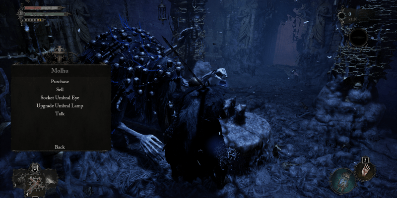 Image of player standing near Molhu who sells Umbral Scouring in Lords of the Fallen.