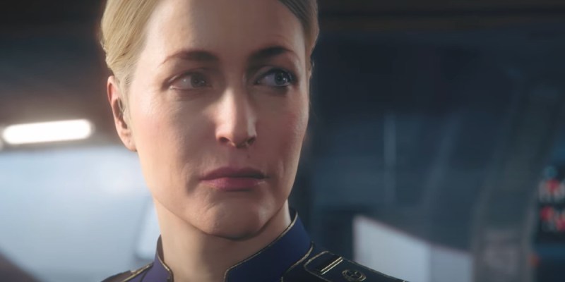 Squadron 42 has hit a development milestone. The image shows a close-up of a digital version of Gillian Anderson from Squadron 42.