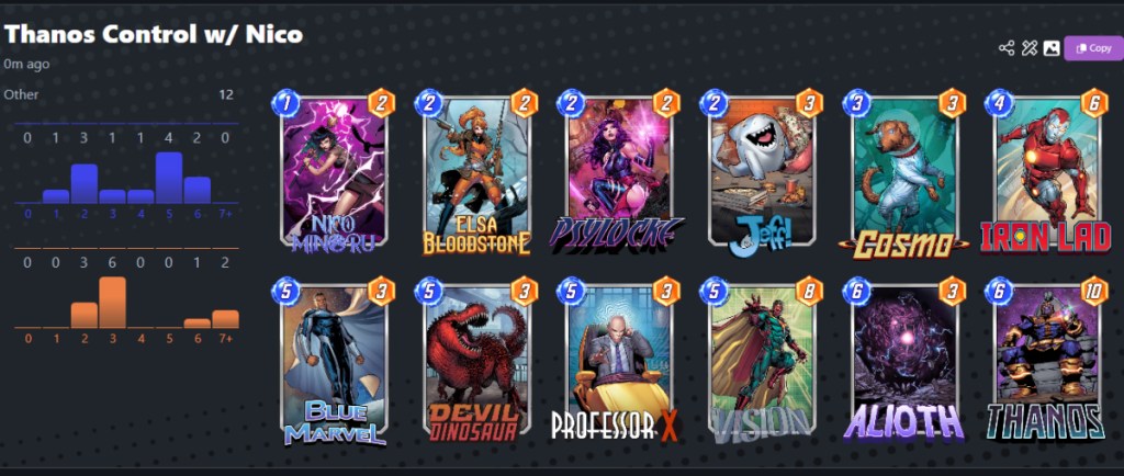 An image from Marvel Snap showing a Thanos Control deck with Nico Minoru in it as part of a guide for the best decks using her.