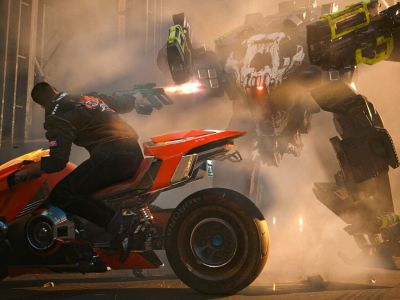 V riding a motorcycle and shooting a mech in Cyberpunk 2077